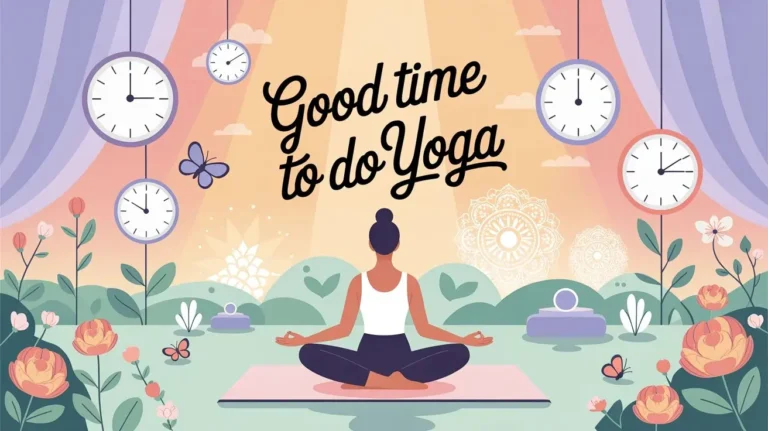 Good time to do yoga illustration showing peaceful yoga meditation with clocks morning and evening wellness theme