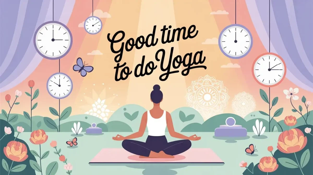 Good time to do yoga illustration showing peaceful yoga meditation with clocks morning and evening wellness theme
