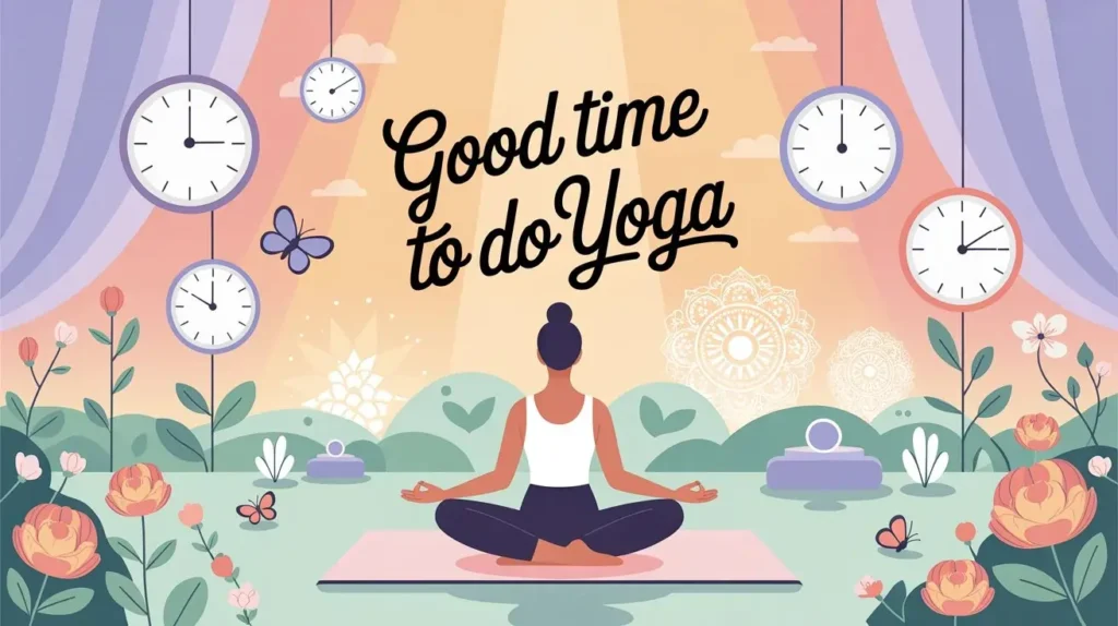 Good time to do yoga illustration showing peaceful yoga meditation with clocks morning and evening wellness theme