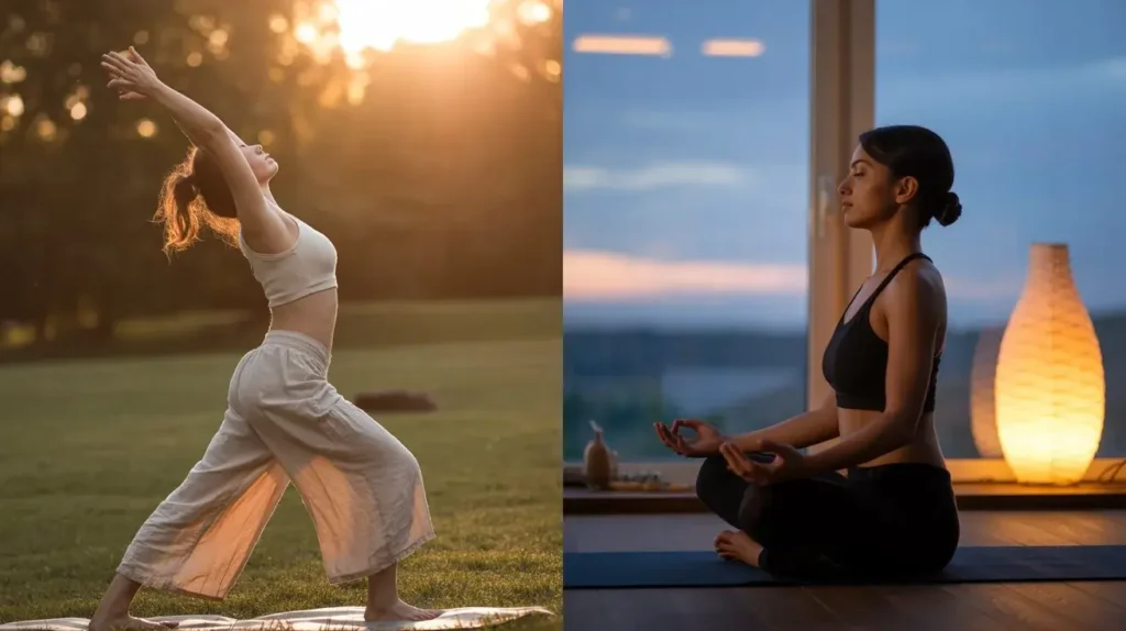 Morning Yoga vs Evening Yoga comparison showing sunrise stretching and peaceful nighttime meditation practice